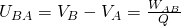 {U}_{BA}={V}_{B}-{V}_{A}=\frac{{W}_{AB}}{Q}